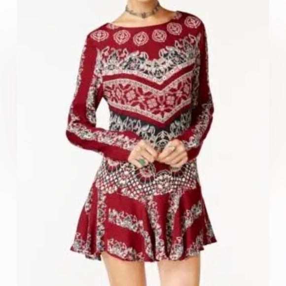 NWT FREE PEOPLE Smooth Talker Long Sleeve Open Back Flare Mini Dress Size Small - Picture 1 of 5